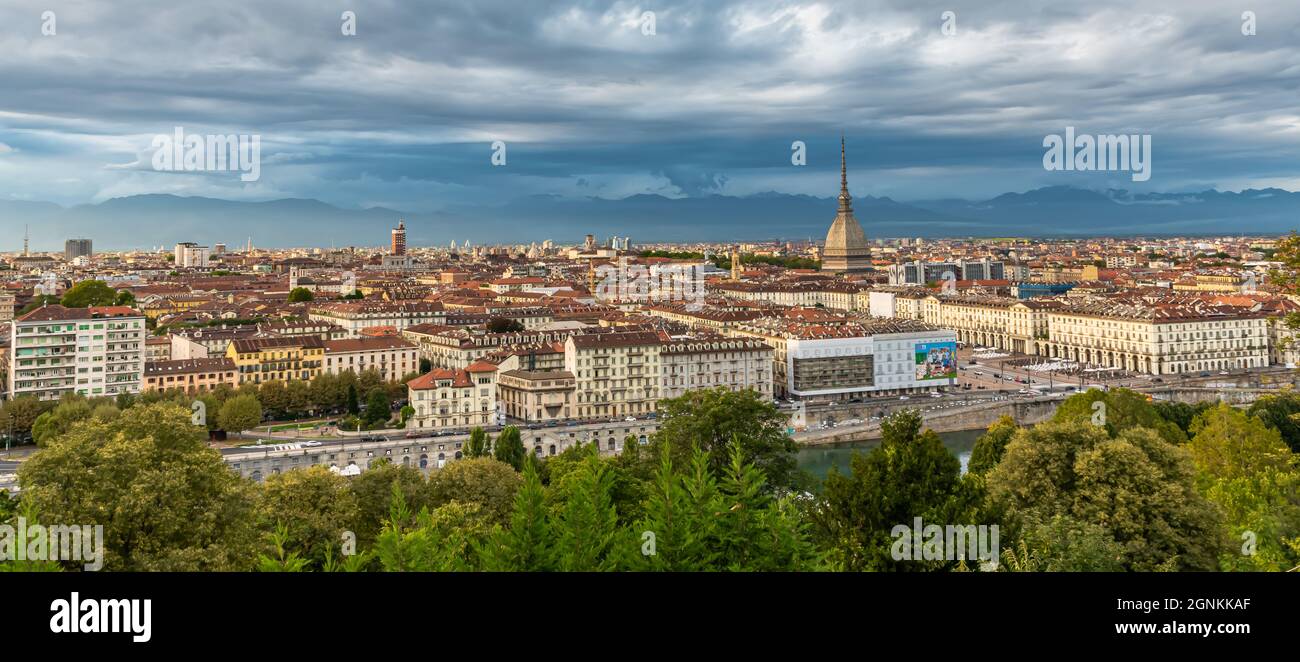 Turin is the capital of Piedmont and is known for the refinement of its architecture and cuisine. The Alps rise to the north-west of the city. Stock Photo