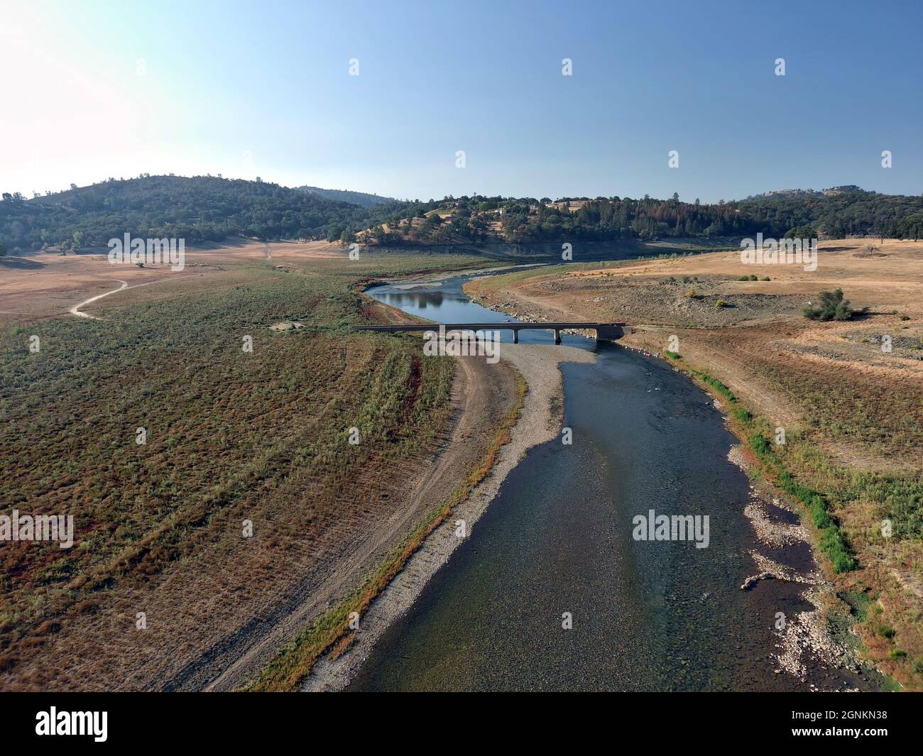 Hidden Bridge at Salmon Falls usually submerged under 40' of water in Folsom Lake is exposed due to the severe drought in California. Stock Photo