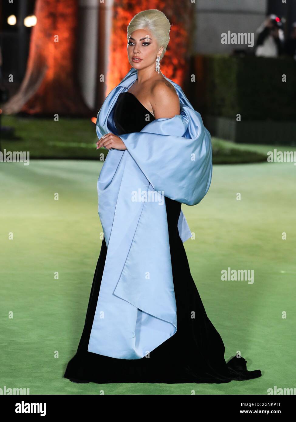 LOS ANGELES, CALIFORNIA, USA - SEPTEMBER 25: Singer Lady Gaga (Stefani Joanne Angelina Germanotta) wearing a custom Schiaparelli dress and Chopard jewelry arrives at the Academy Museum of Motion Pictures Opening Gala held at the Academy Museum of Motion Pictures on September 25, 2021 in Los Angeles, California, United States. (Photo by Xavier Collin/Image Press Agency/Sipa USA) Stock Photo