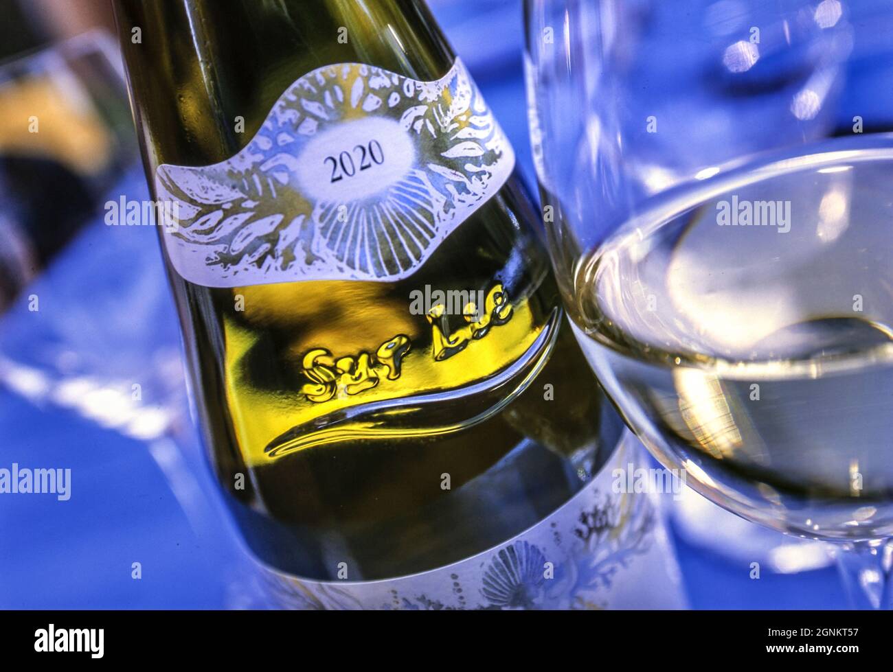 2020 Muscadet Sur Lie view on wine bottle with relief label denoting