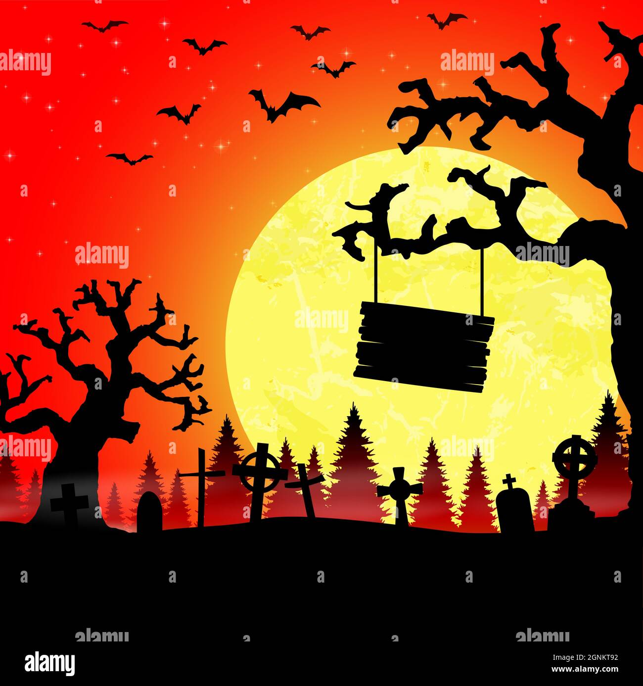 eps vector cemetery in front of woodlands and full moon with wooden hanging sign and space for text and other elements for Halloween background layout Stock Vector