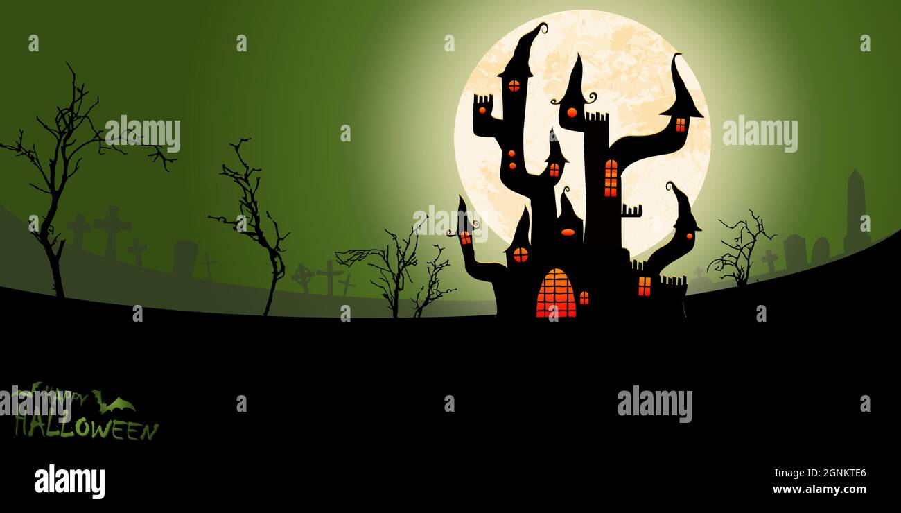 EPS vector file showing spooky dark castle in front of a full moon with grave stones and other scary illustrated elements for Halloween background lay Stock Vector