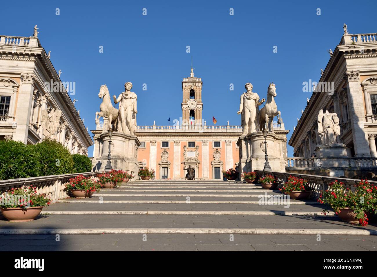 italy, rome, capitoline hill, piazza del campidoglio, statues of castor and pollux and palazzo senatorio Stock Photo