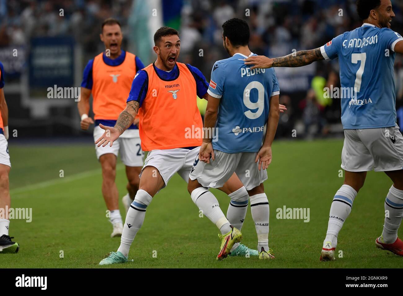 Roma, Italy. 26th Sep, 2021. Pedro Rodriguez Ledesma of SS Lazio celebrates  with Danilo Cataldi after scoring the goal of 2-0 during the Serie A football  match between SS Lazio and AS