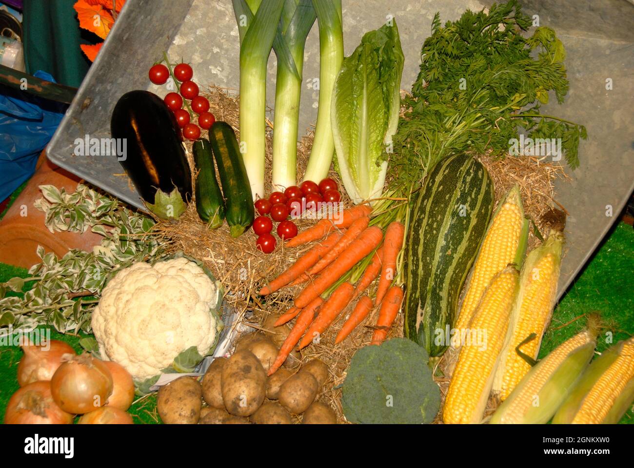 Fruit and vegetables on display at a Harvest Festival service Stock