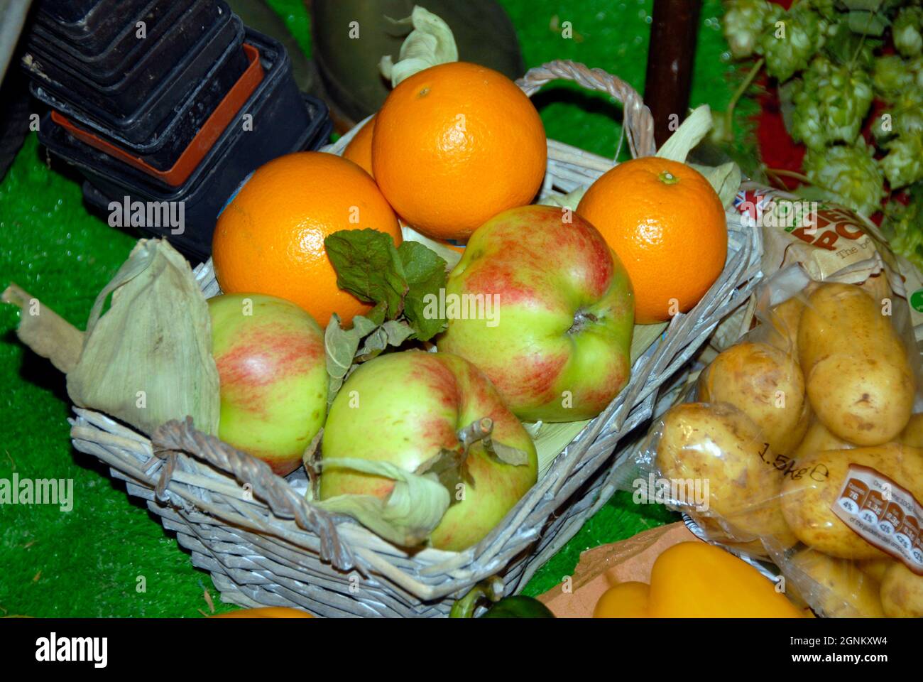 Fruit and vegetables on display at a Harvest Festival service Stock