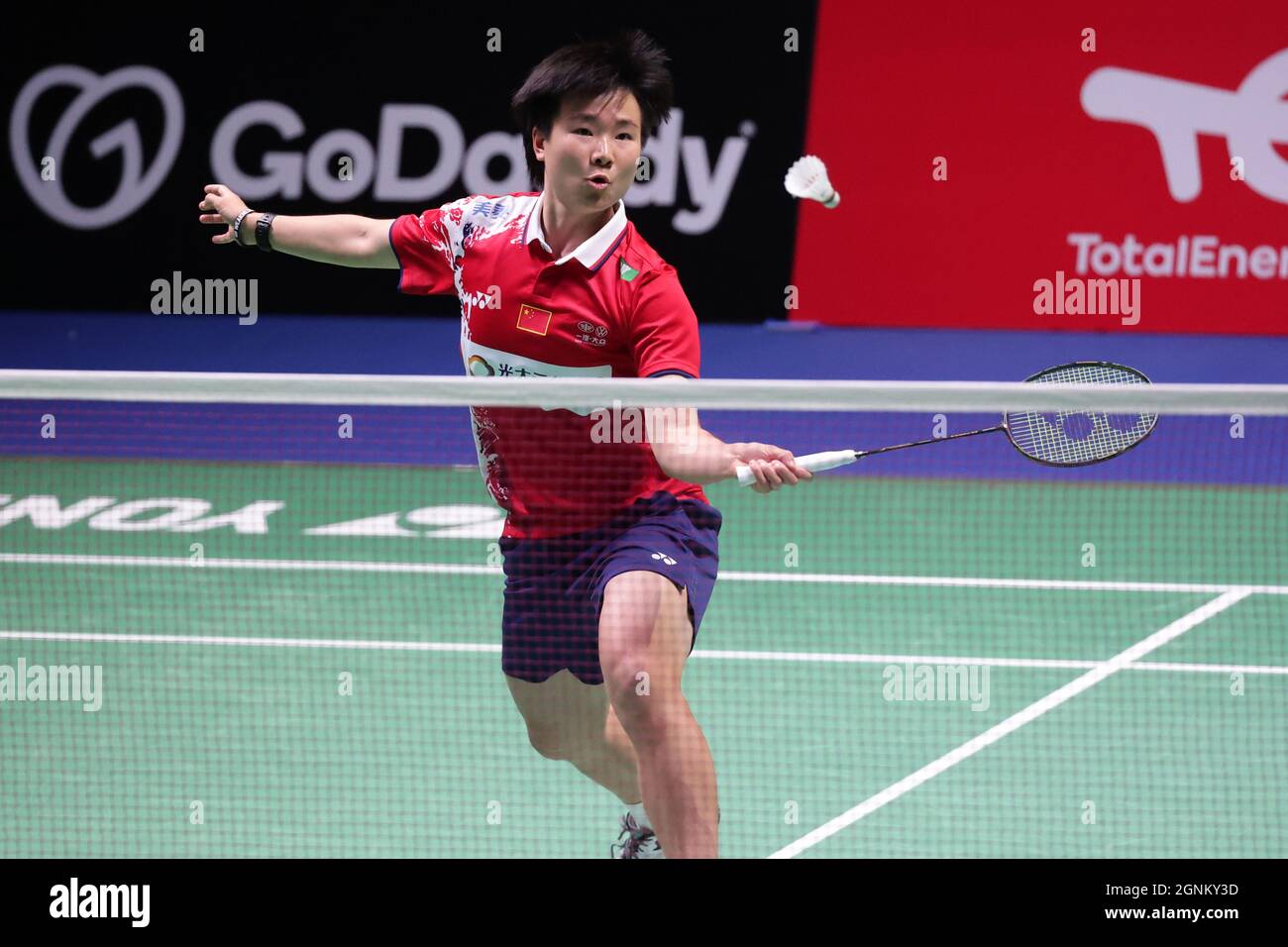 Vantaa, Finland. 26th Sep, 2021. China's He Bingjiao competes against  Finland's Nella Nyqvist in the women's singles competition during the group  A match between China and Finland at Badminton Surdiman Cup 2021