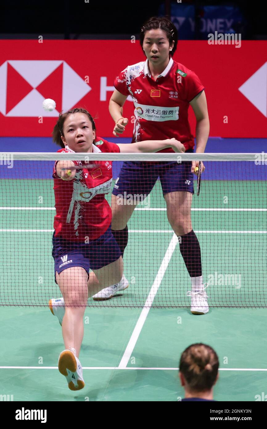 Vantaa, Finland. 26th Sep, 2021. China's Chen Qingchen (L)/Jia Yifan  compete against Finland's Mathilda Lindholm/Jenny Nystrom in their women's  doubles competition during the group A match between China and Finland at  Badminton