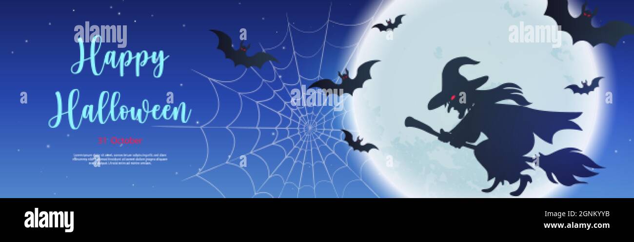 Happy halloween witch riding on a broomstick with full moon background ...