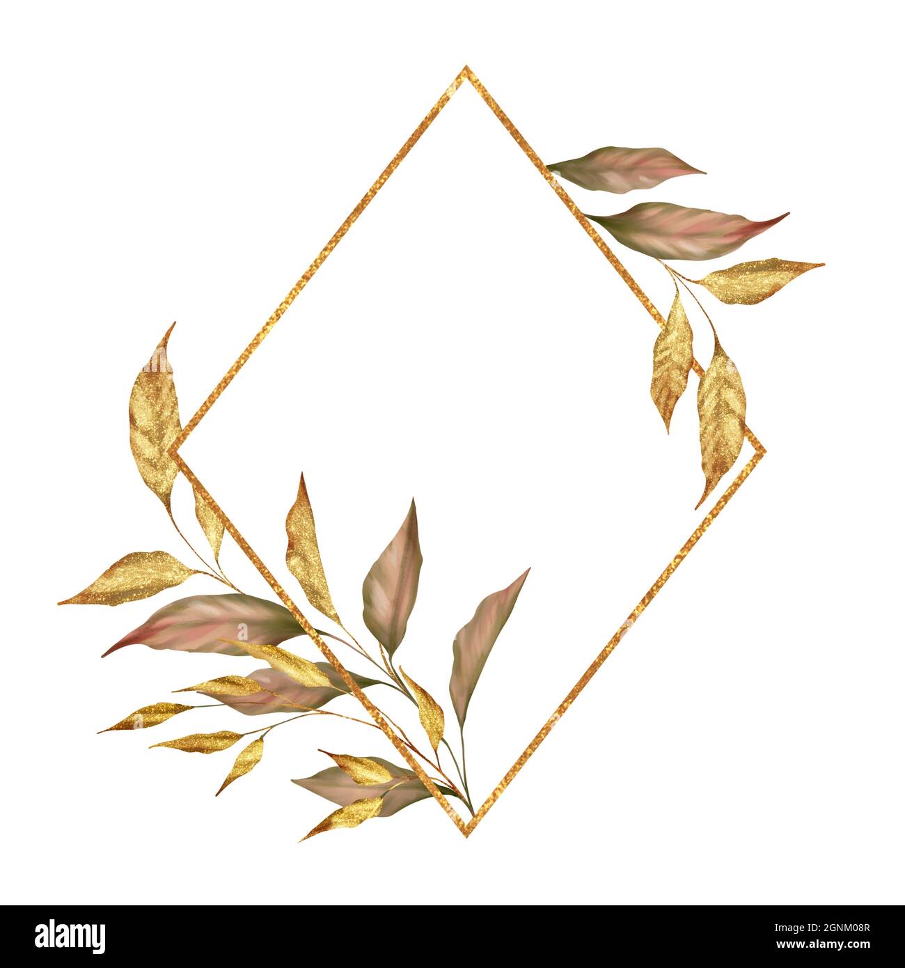 Floral illustration with gold frame and autumn leaves f Stock Photo - Alamy