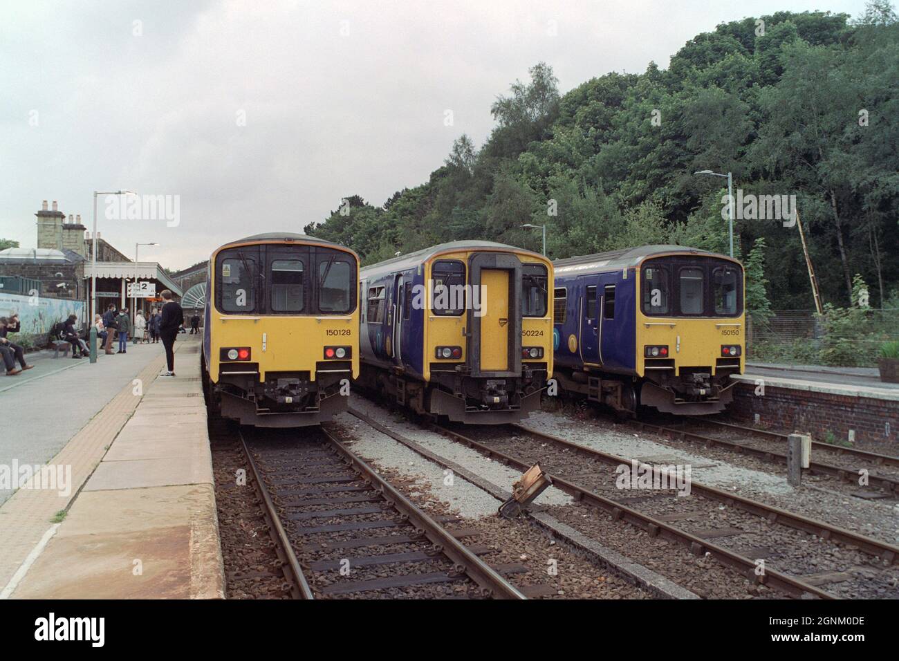 Buxton, UK - 4 September 2021: Three trains (Class 150) operated by Northern at Buxton station for local services. Stock Photo