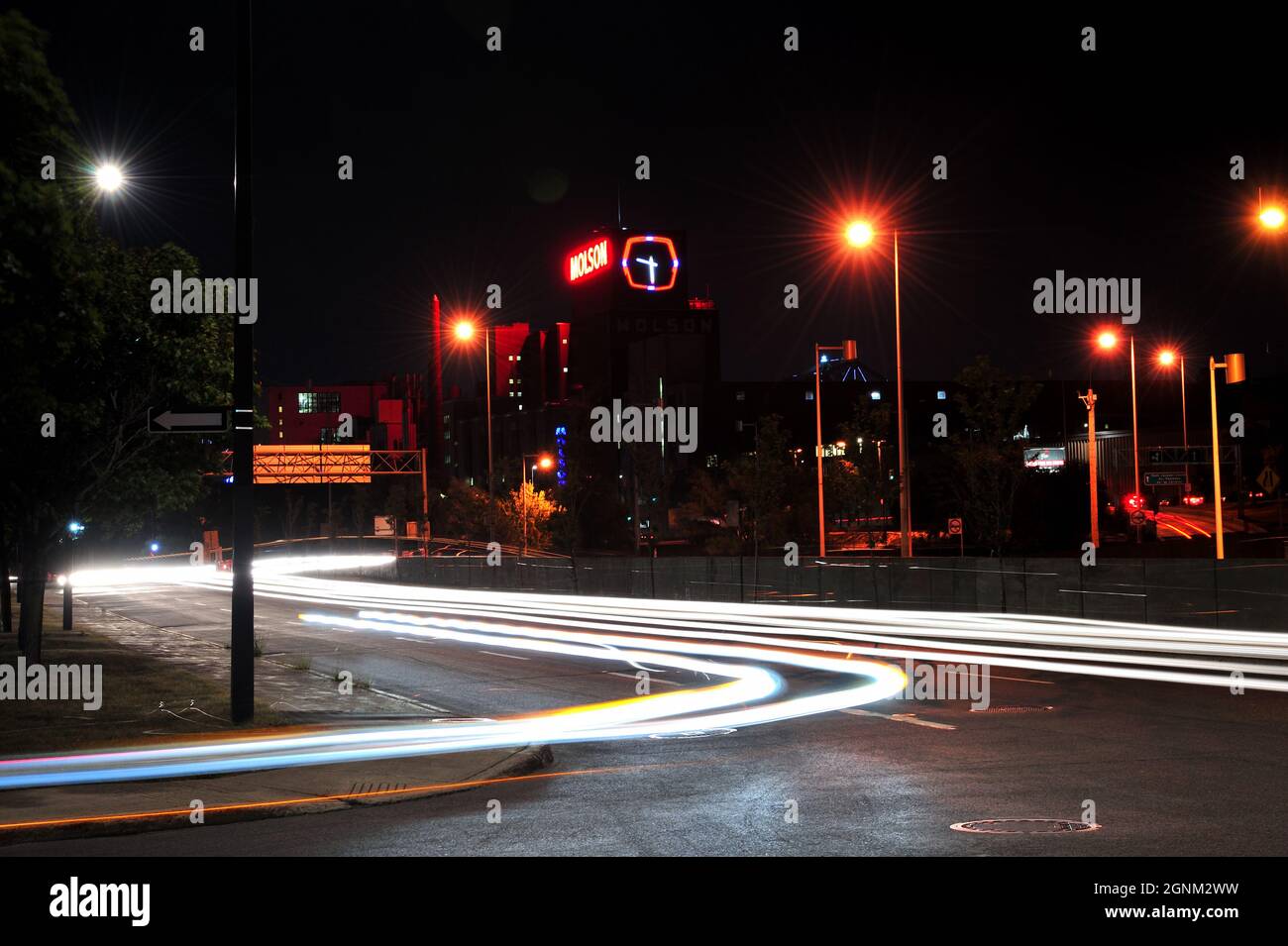 Light trails in Montreal by the Molson Coors factory Stock Photo