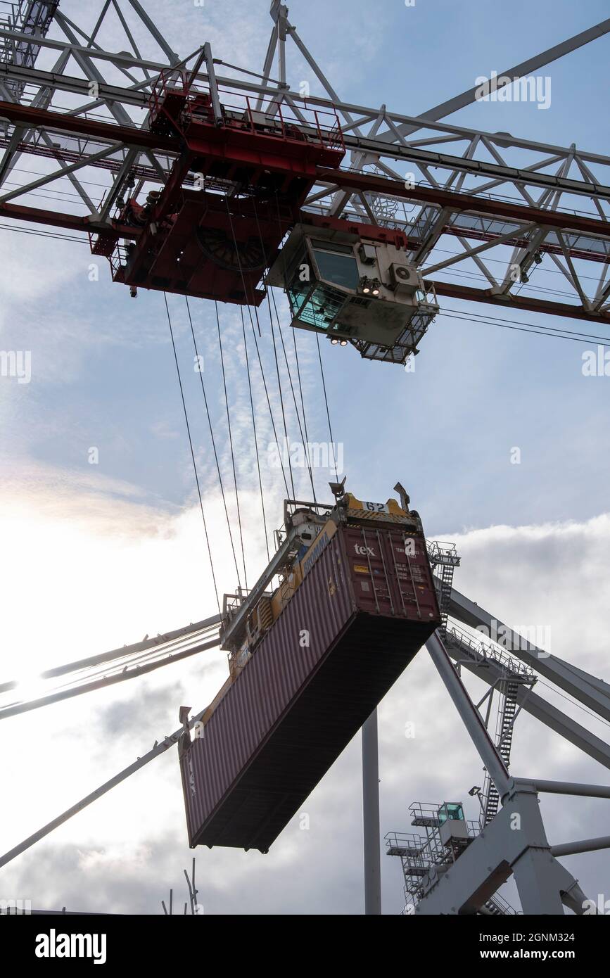 Southampton, England, UK. 2021. Ship to shore container crane removing