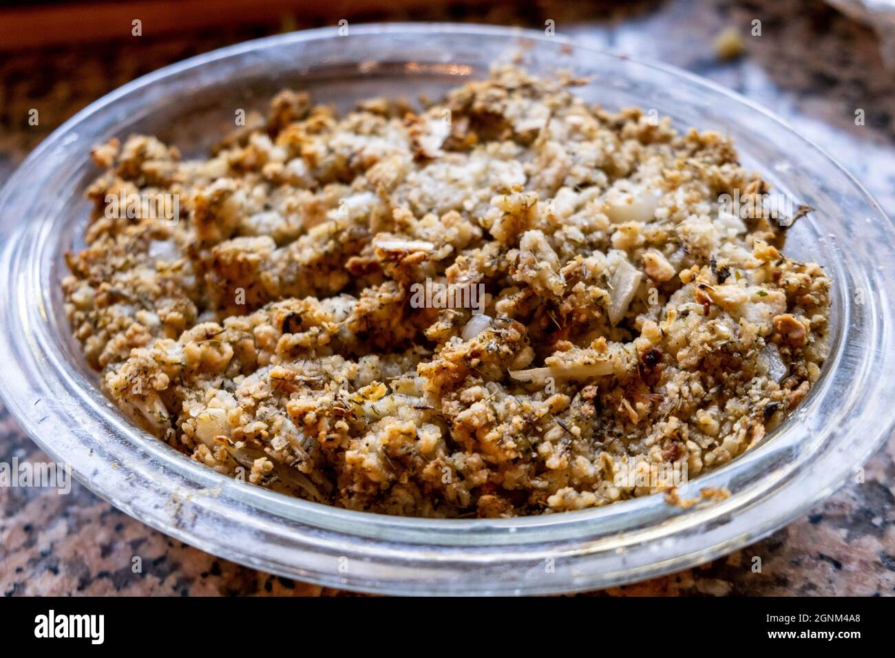 Home Made Glass Oven Dish Of Sage And Onion Stuffing With No People Stock Photo