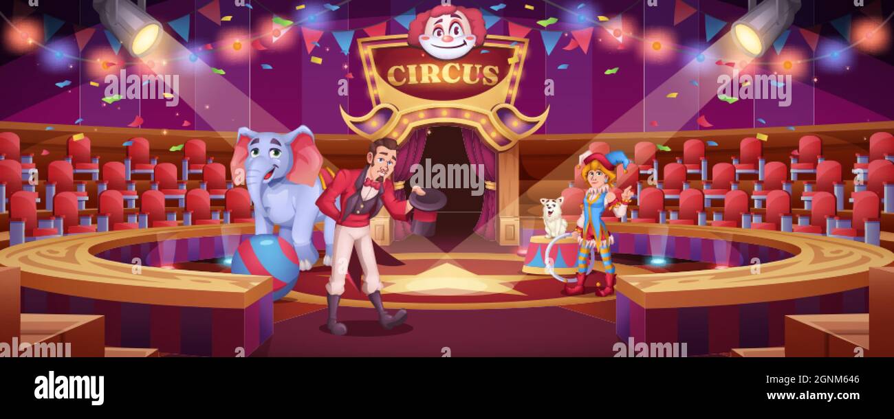 Circus show with animal handler. Trained animals performing on scene. Jester girl and tamer man on round arena with big elephant with ball and funny dog . Stage performance cartoon vector illustration Stock Vector