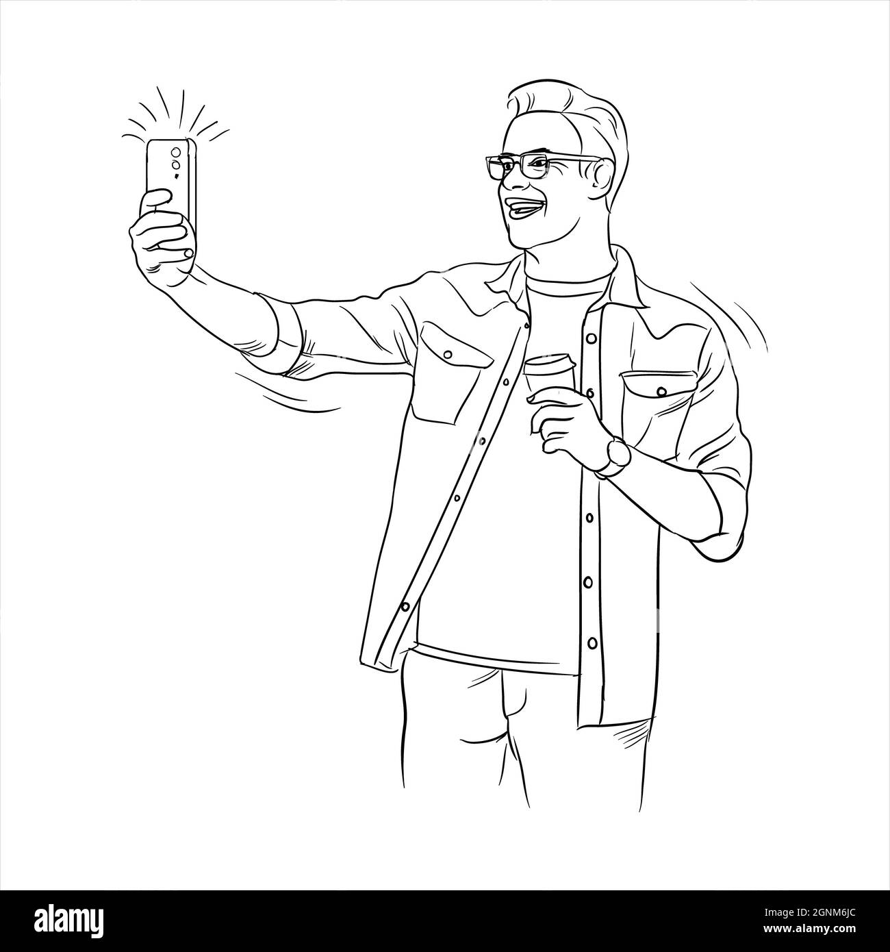 https://c8.alamy.com/comp/2GNM6JC/a-smart-happy-young-man-with-eyeglass-taking-selfies-and-video-calls-with-a-smartphone-line-art-drawing-vector-illustration-fashionable-modern-guy-2GNM6JC.jpg