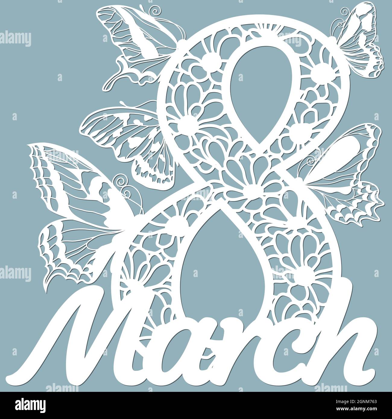 Decoration for women's day - 8 March. Template for laser cutting, wood carving, paper cut and printing. Butterfly wings. Flowers Vector illustration. Stock Vector