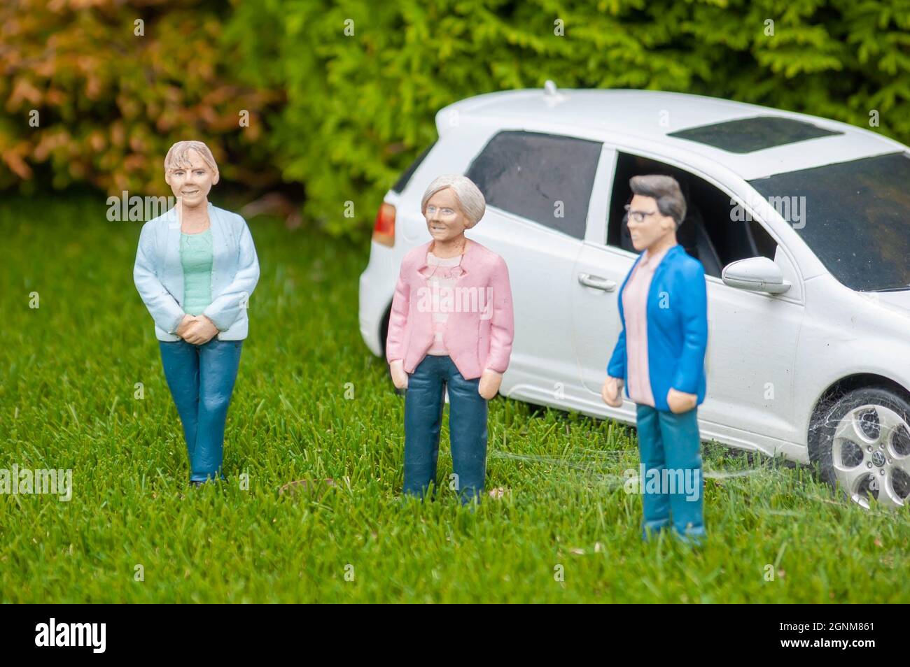 BABBACOMBE, TORQUAY, ENGLAND- 26 June 2021: The Great British Bake Off figurines of Mary, Mel and Sue at Babbacombe Model Village in Torquay Stock Photo