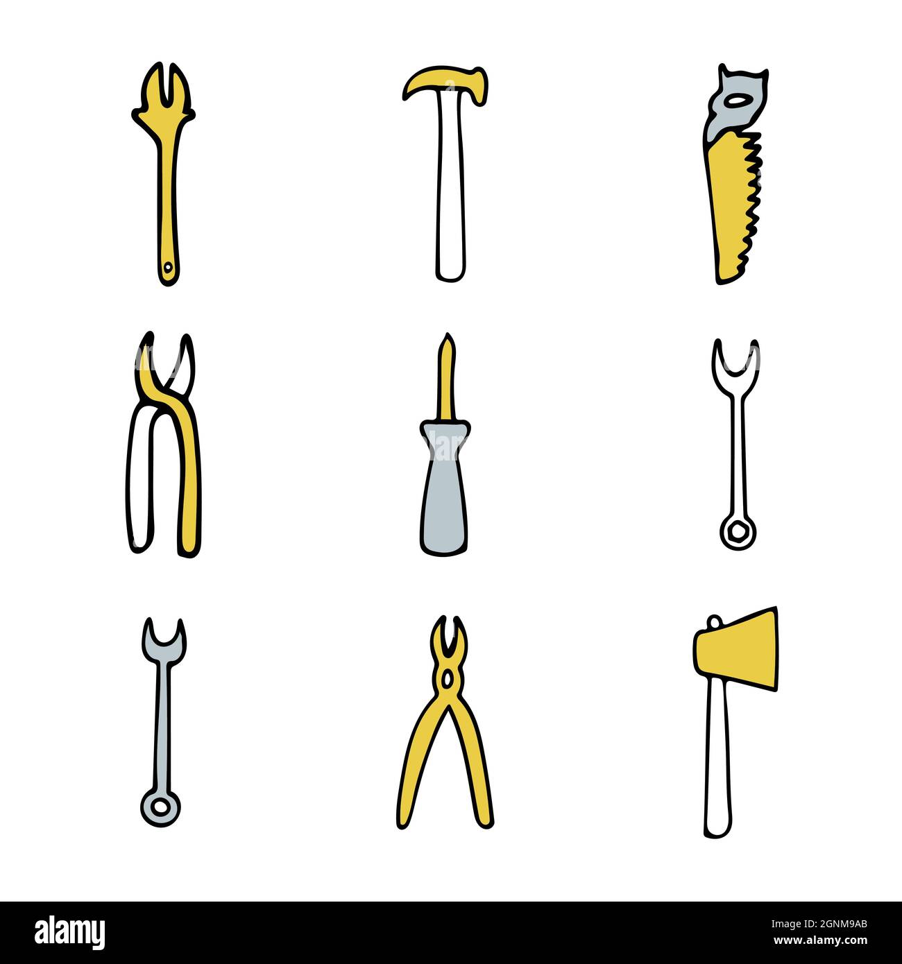 Saw, wire cutters, adjustable wrench, hammer, screwdriver, ax in trendy