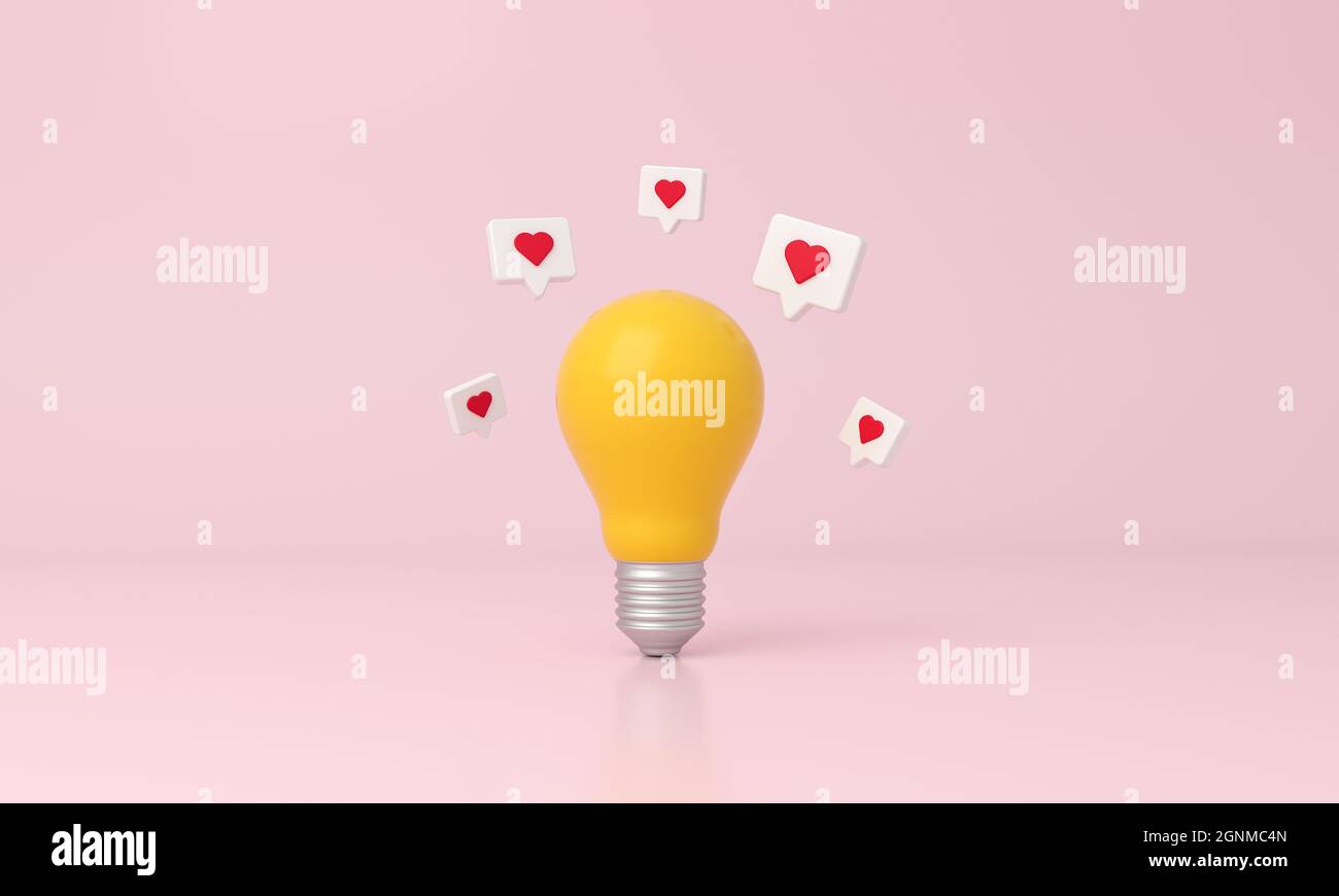 Light bulb with like heart icons around on pink background. 3d rendering. Stock Photo