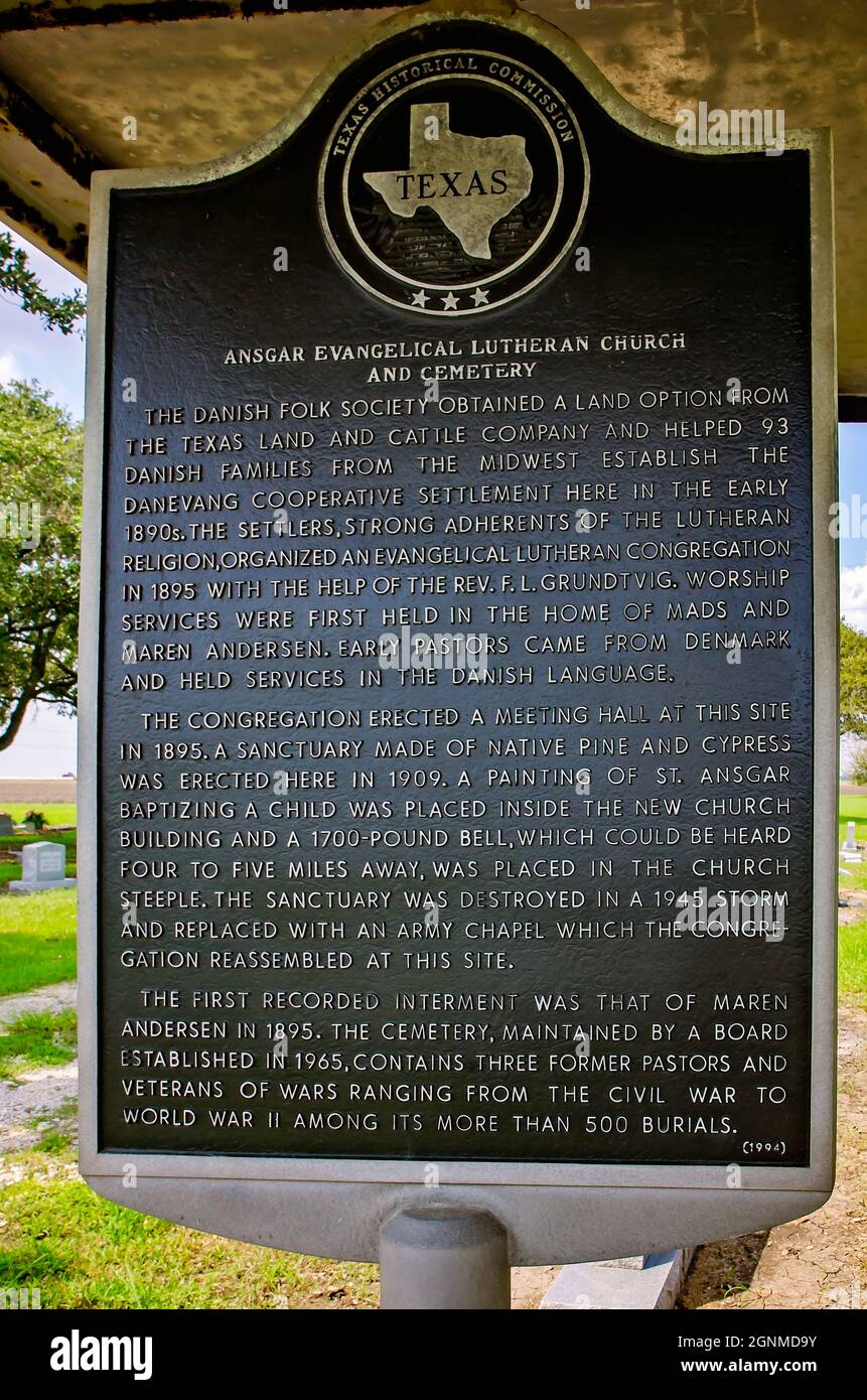The history of Ansgar Evangelical Lutheran Church is detailed on a historic marker, Sept. 3, 2017, in Danevang, Texas. The church was built in 1909. Stock Photo