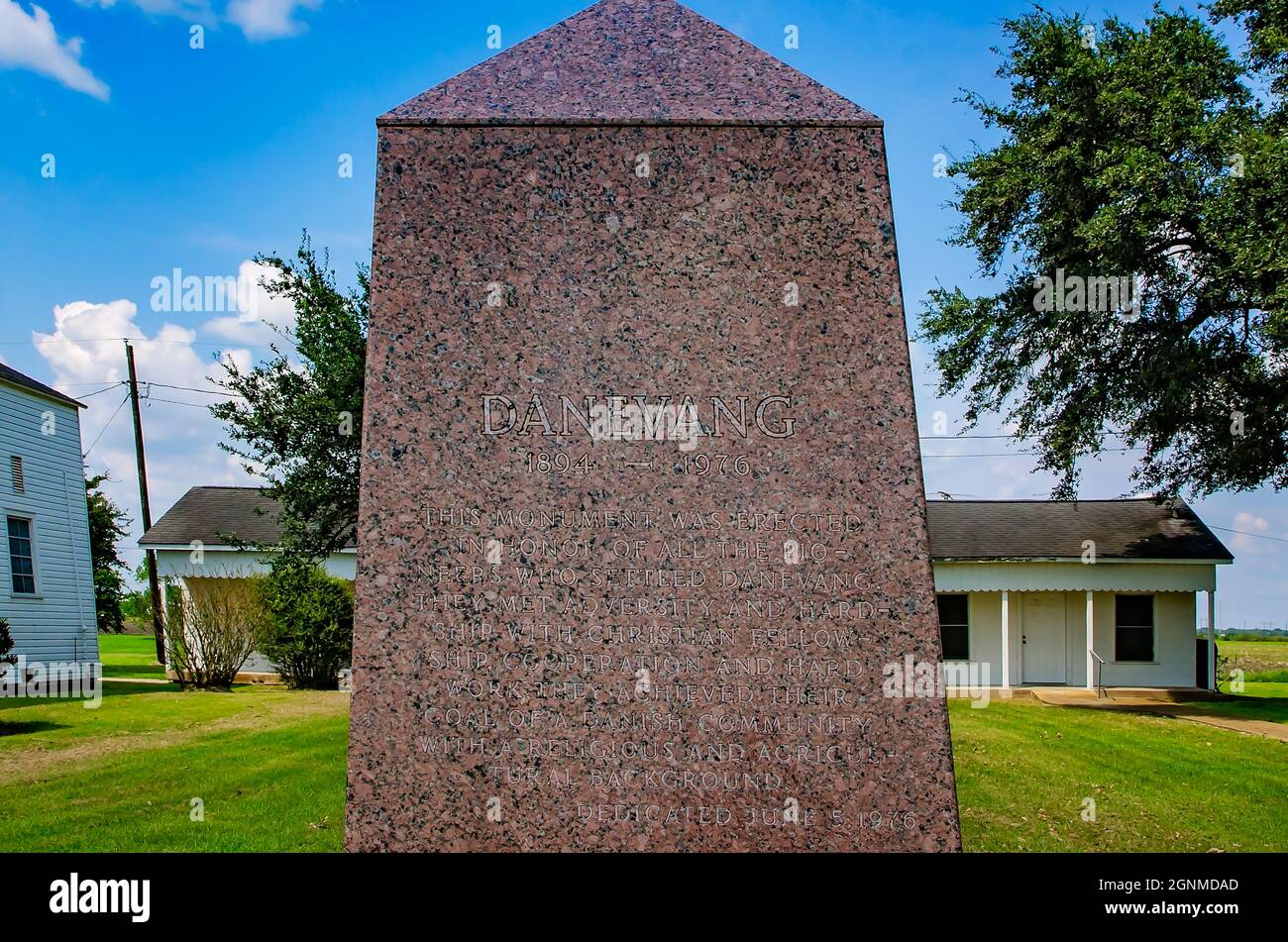 A monument honors the Danish settlers of Danevang, Sept. 3, 2017, in Danevang, Texas. The community of Danevang was established by Danish settlers. Stock Photo