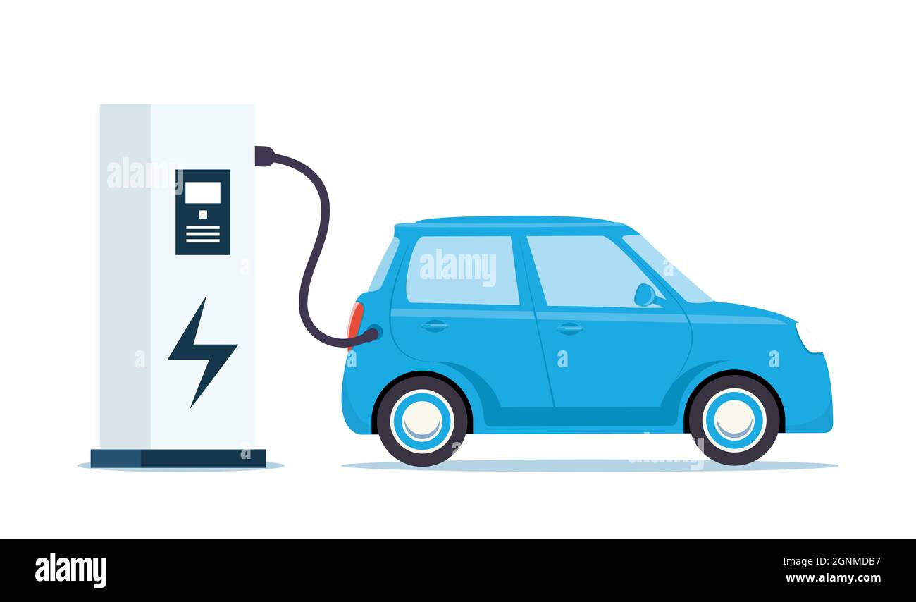 Blue electric car charging, side view. Electric car charging station