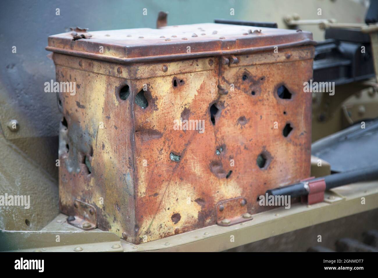 Bullet holes in a toolbox on a Type 95 Ha Go Japanese Light Tank, Bovington Tank Museum England Stock Photo