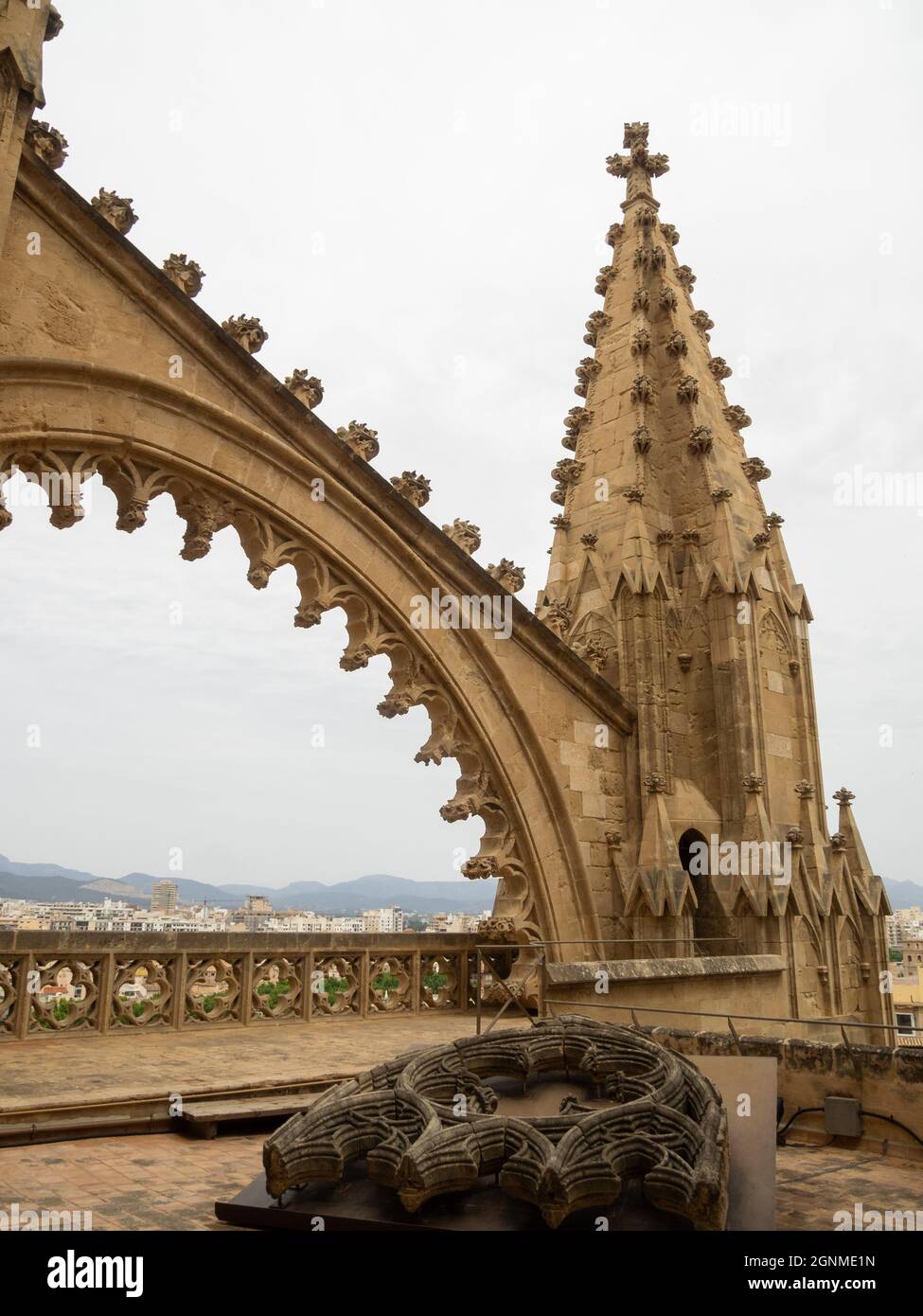 Stone carved flying buttress of Palma Cathedral Stock Photo