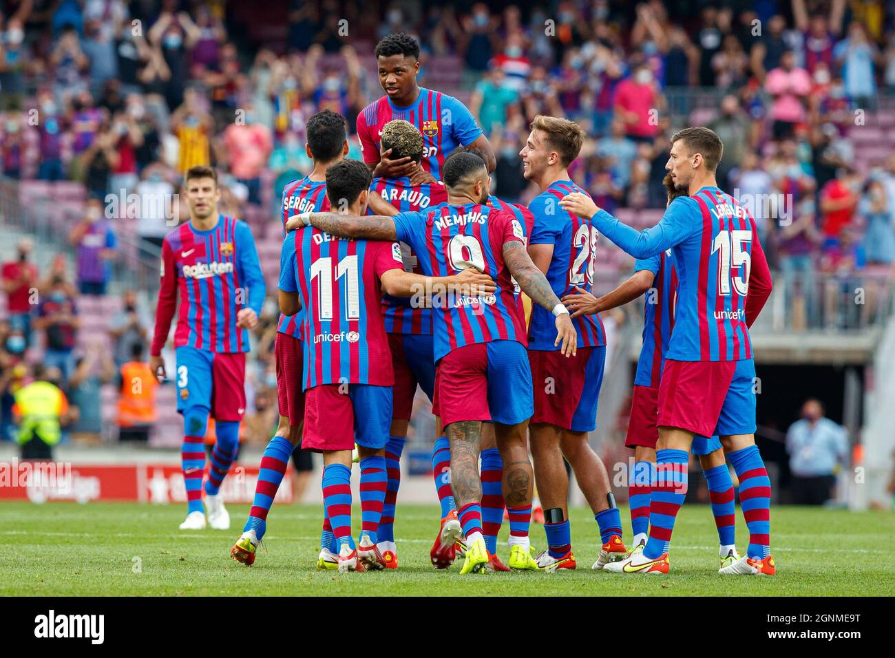 Barcelona, Spain. 26th Sep, 2021. Ansu Fati of FC Barcelona celebrate a  goal during the Liga match between FC Barcelona and UD Levante at Camp Nou  in Barcelona, Spain. Credit: DAX Images/Alamy