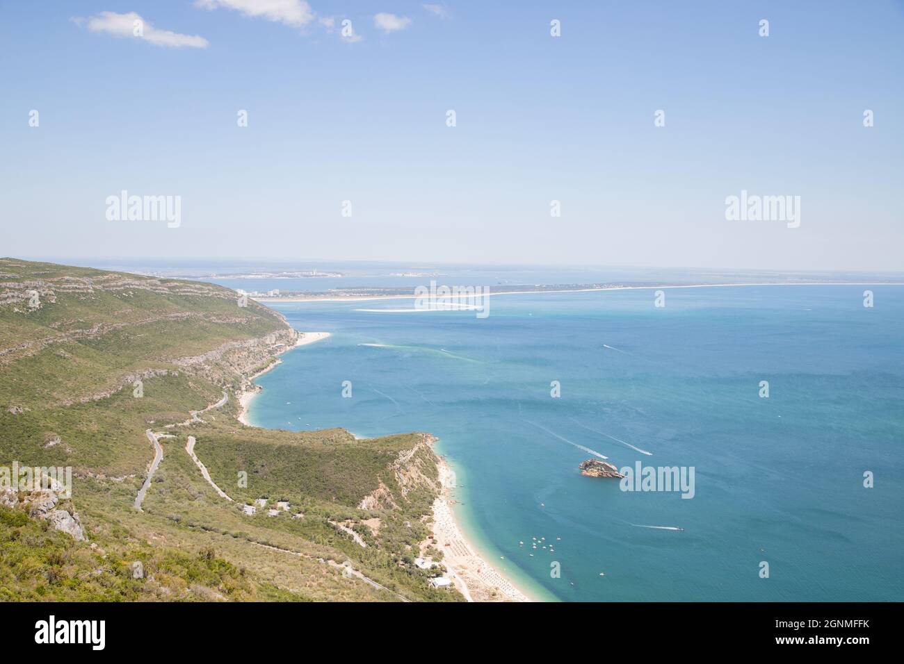 Amazing view from the mountains to the ocean at Serra da Arrábida Stock Photo