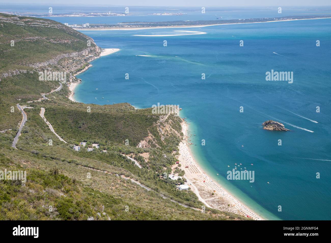 Amazing view from the mountains to the ocean at Serra da Arrábida Stock Photo