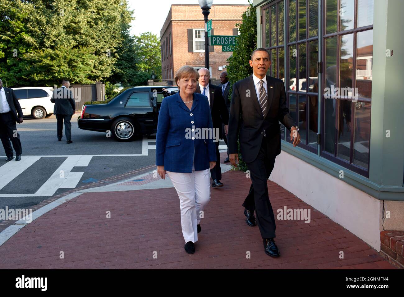 President Barack Obama and Chancellor Angela Merkel of Germany arrive for dinner at the 1789 Restaurant in Washington, D.C., June 6, 2011.  (Official White House Photo by Pete Souza) This official White House photograph is being made available only for publication by news organizations and/or for personal use printing by the subject(s) of the photograph. The photograph may not be manipulated in any way and may not be used in commercial or political materials, advertisements, emails, products, promotions that in any way suggests approval or endorsement of the President, the First Family, or the Stock Photo