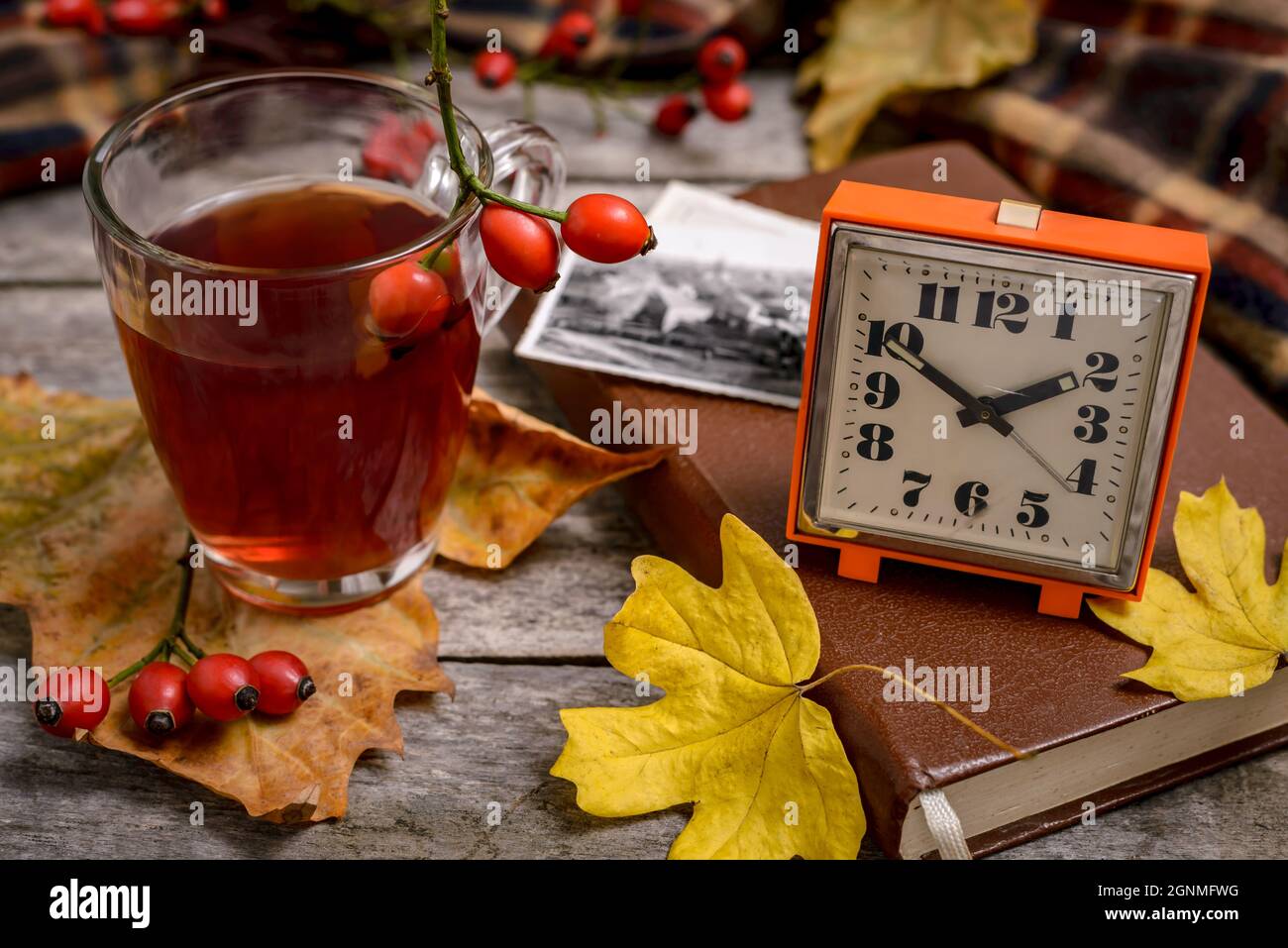 A cup of rose hip tea with fresh rose hips, vintage clock, old photographs, book and autumn leaves on wooden table. Autumn concept, selective focus. Stock Photo