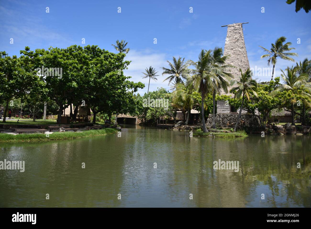 Oahu HI U.S.A. 6/3-4/2021. Polynesian Cultural Center. Opened 10/12/1963. Polynesian Islands: Samoa, Aotearoa, Fiji, Hawaii, Tahiti and Tonga. Shops Stock Photo
