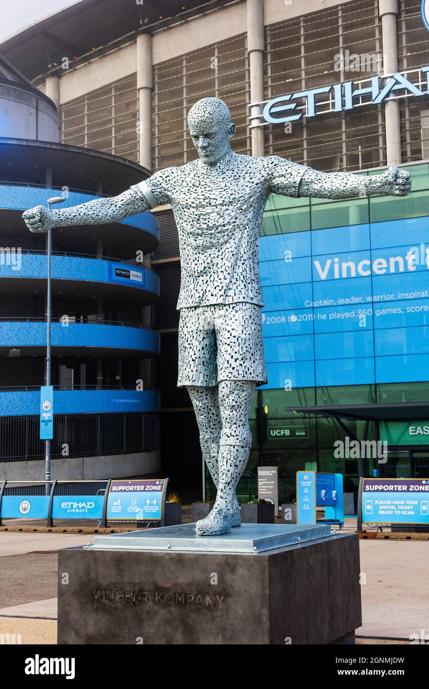 Statue of Vincent Kompany, by the sculptor Andy Scott, at the Etihad