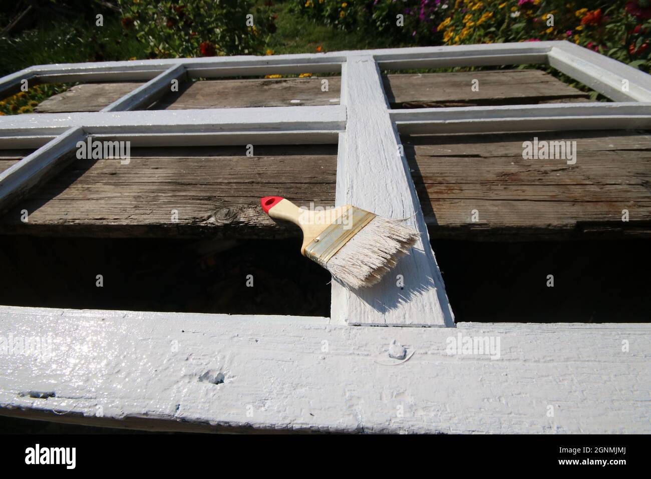 Painting a wooden window frame with white paint. The paint brush is on the frame Stock Photo Alamy