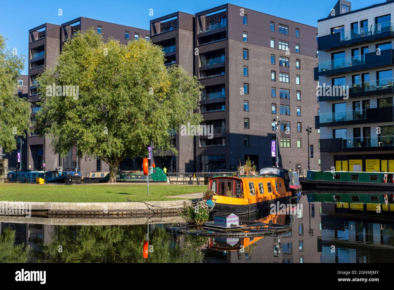 The Cotton Field Wharf apartment blocks, from the Cotton Field Park marina, New Islington