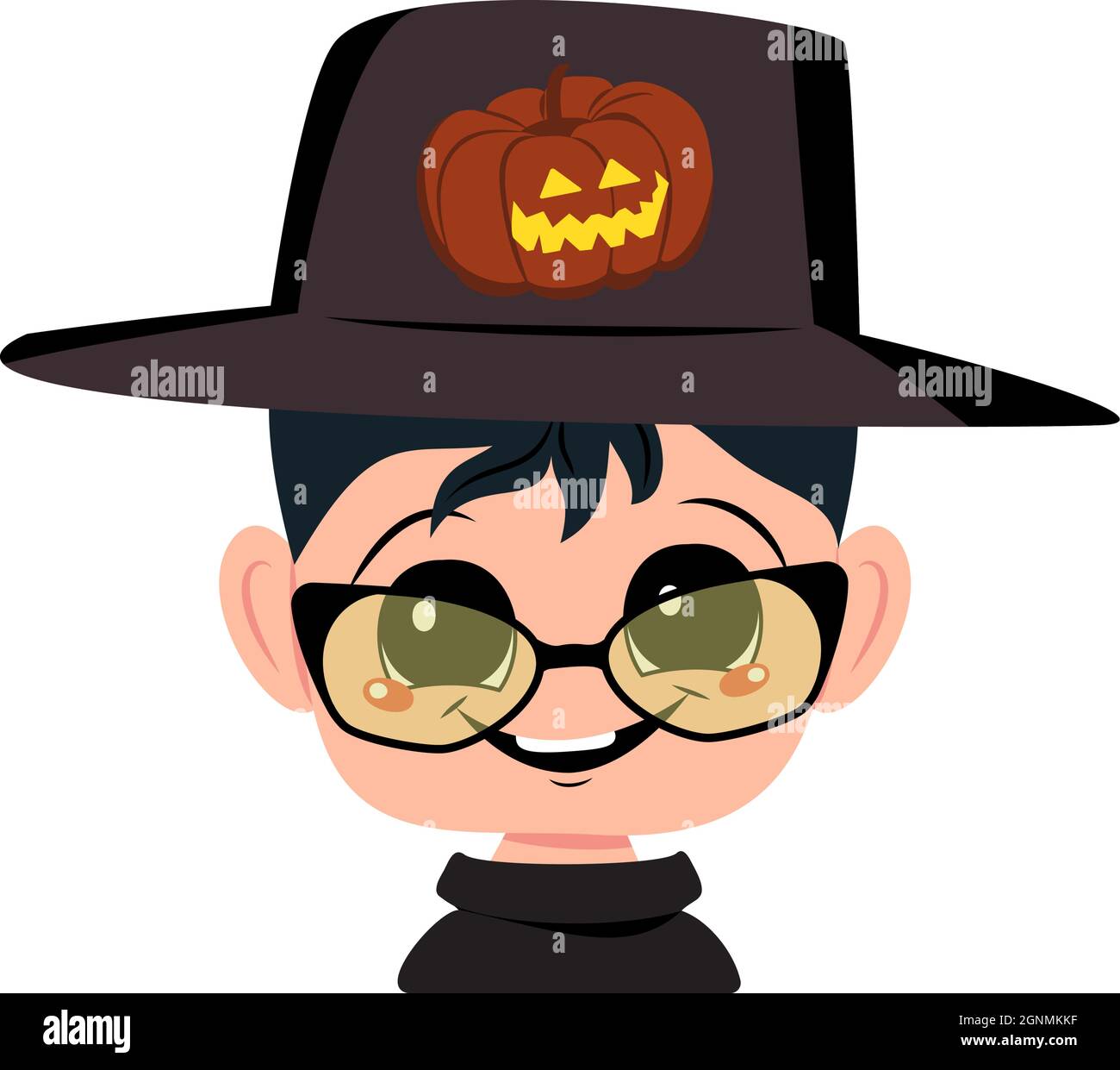 Boy with dark hair, big eyes and a wide happy smile in hat with pumpkin. Head of child with joyful face and glasses. Halloween party decoration Stock Vector