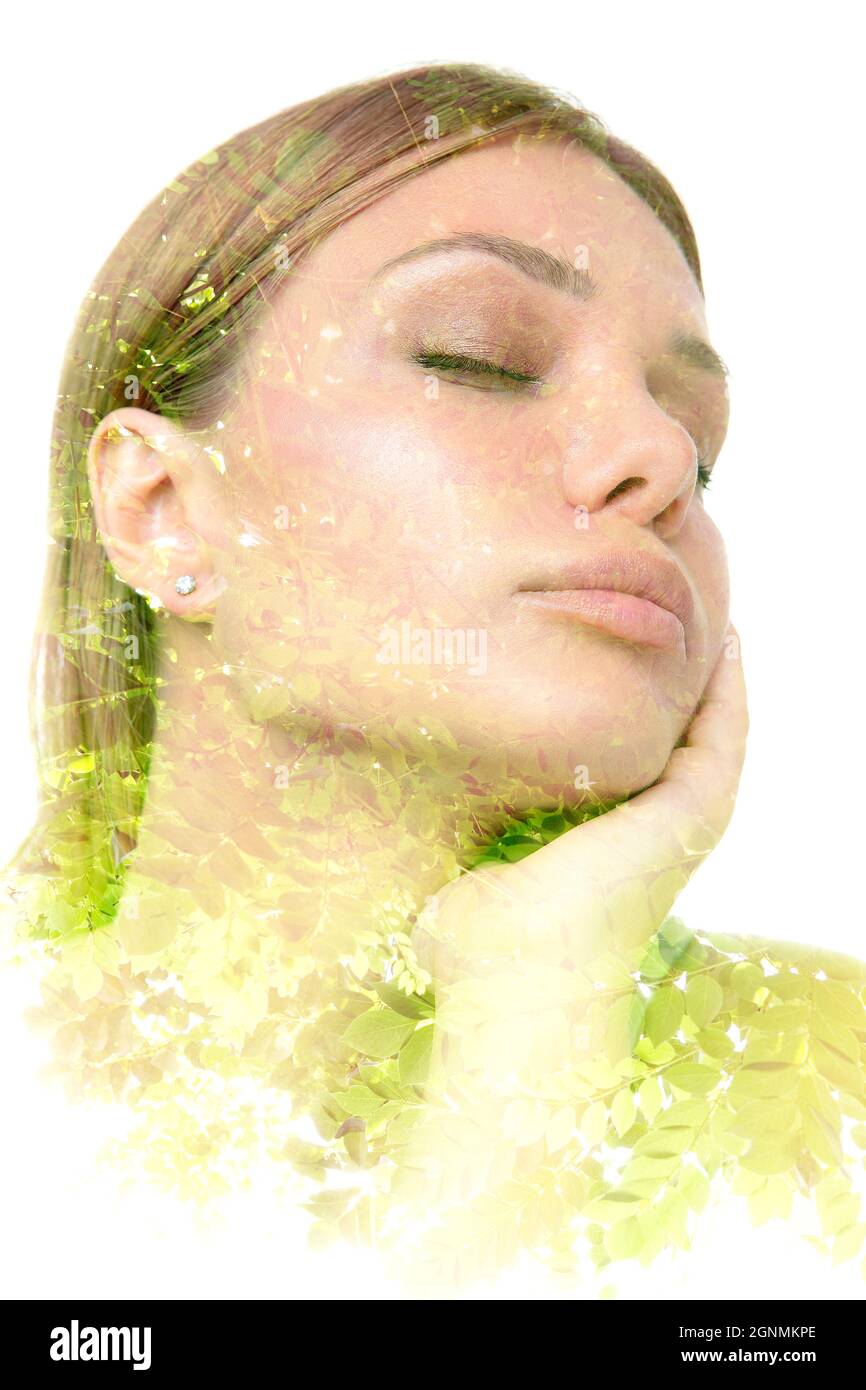 Closeup double exposure portrait of a young woman Stock Photo - Alamy