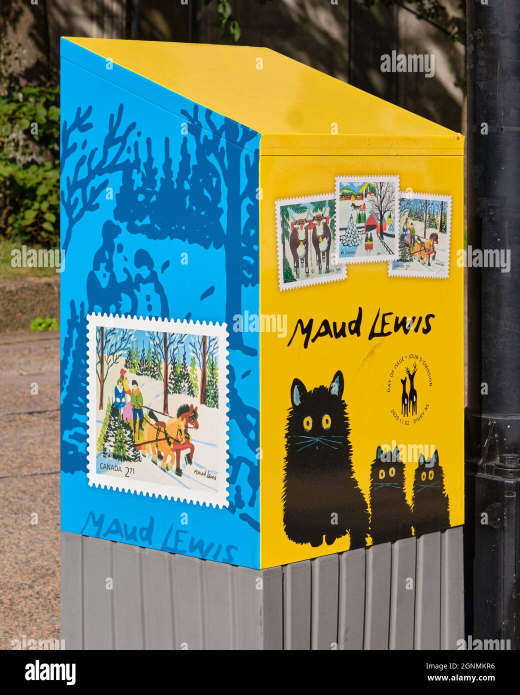 Mailbox featuring design of stamps honouring local artist Maud Lewis in