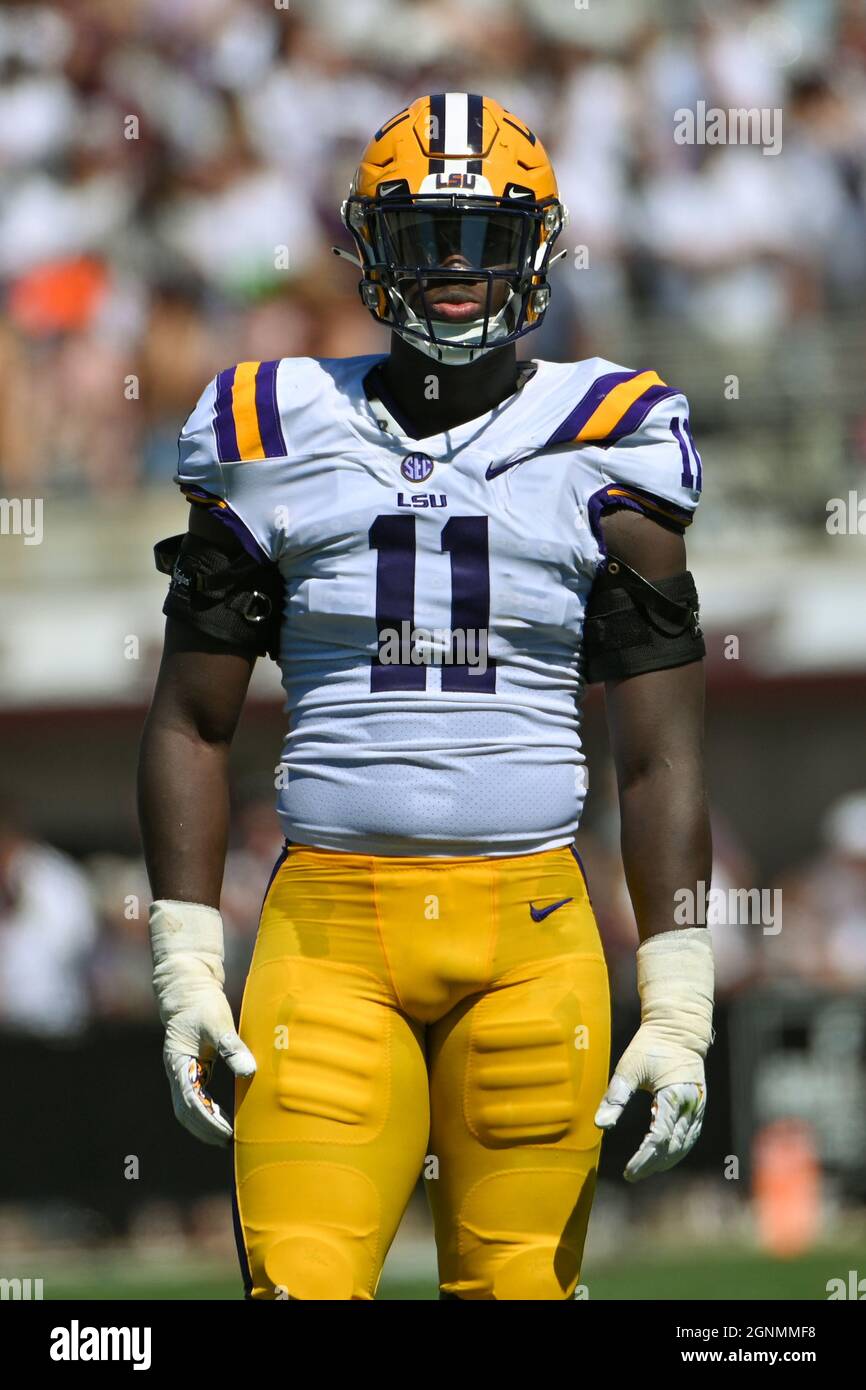 Starkville, MS, USA. 25th Sep, 2021. LSU Tigers defensive end Ali Gaye (11), during the NCAA football game between the LSU Tigers and the Mississippi State Bulldogs at Davis Wade Stadium in Starkville, MS. Kevin Langley/CSM/Alamy Live News Stock Photo