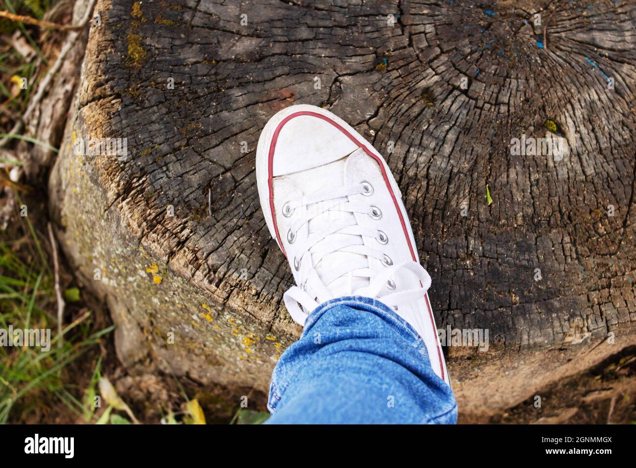 Foot in a white boot on a tree stump in the forest Stock Photo