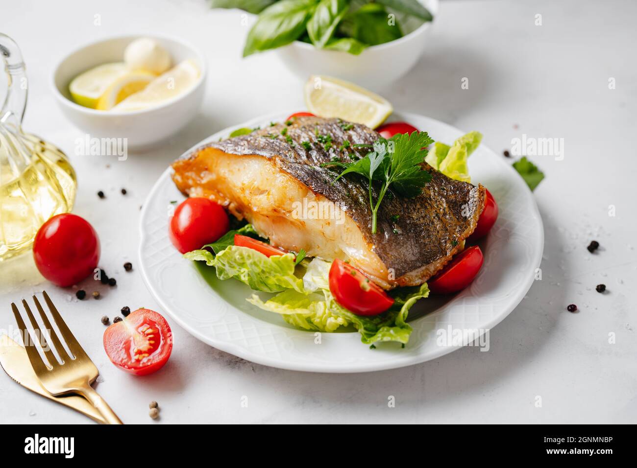 Delisious and healthy cooked halibut steak Stock Photo Alamy