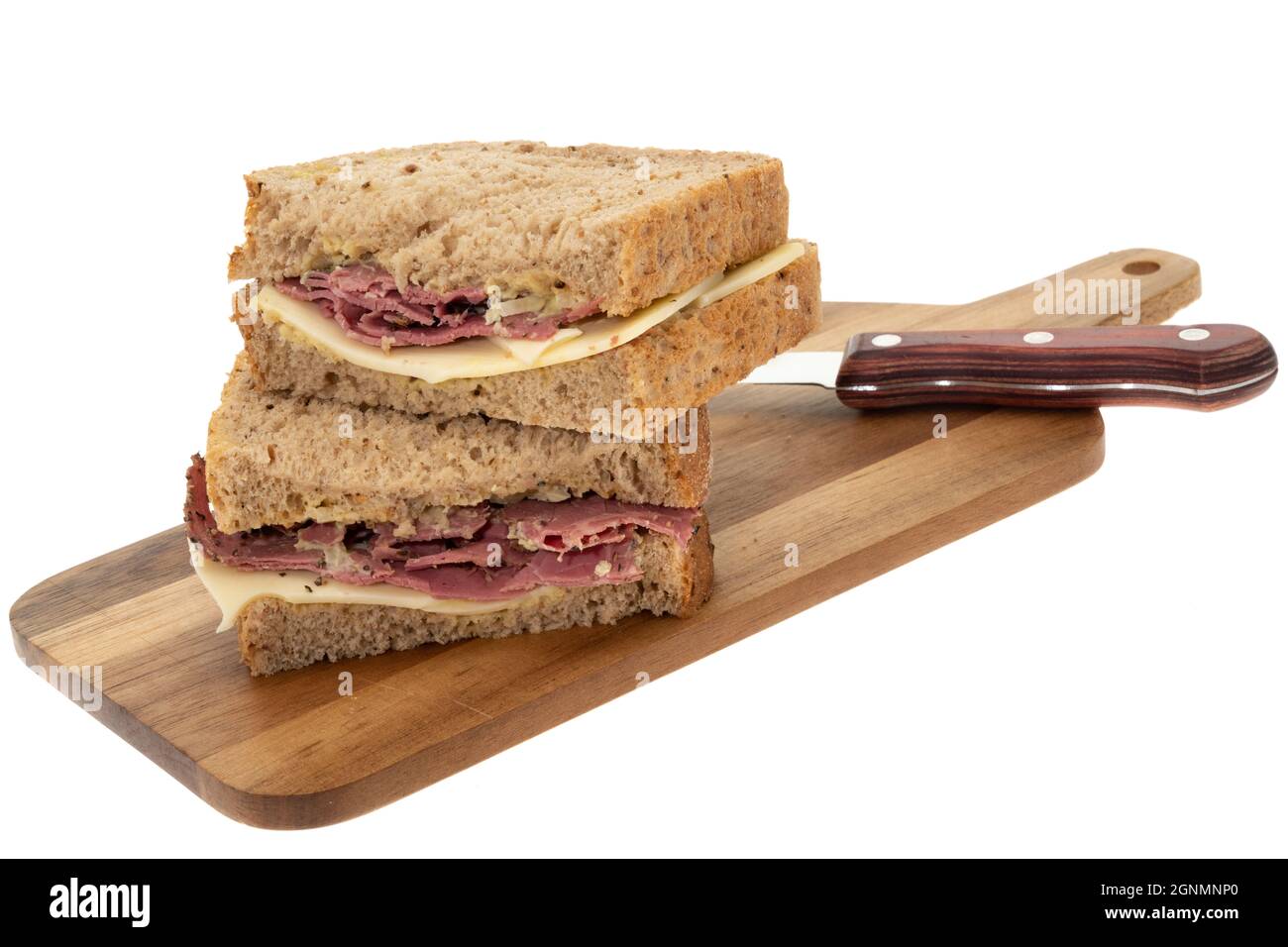 Pastrami ham and Emmental cheese sandwich white background Stock