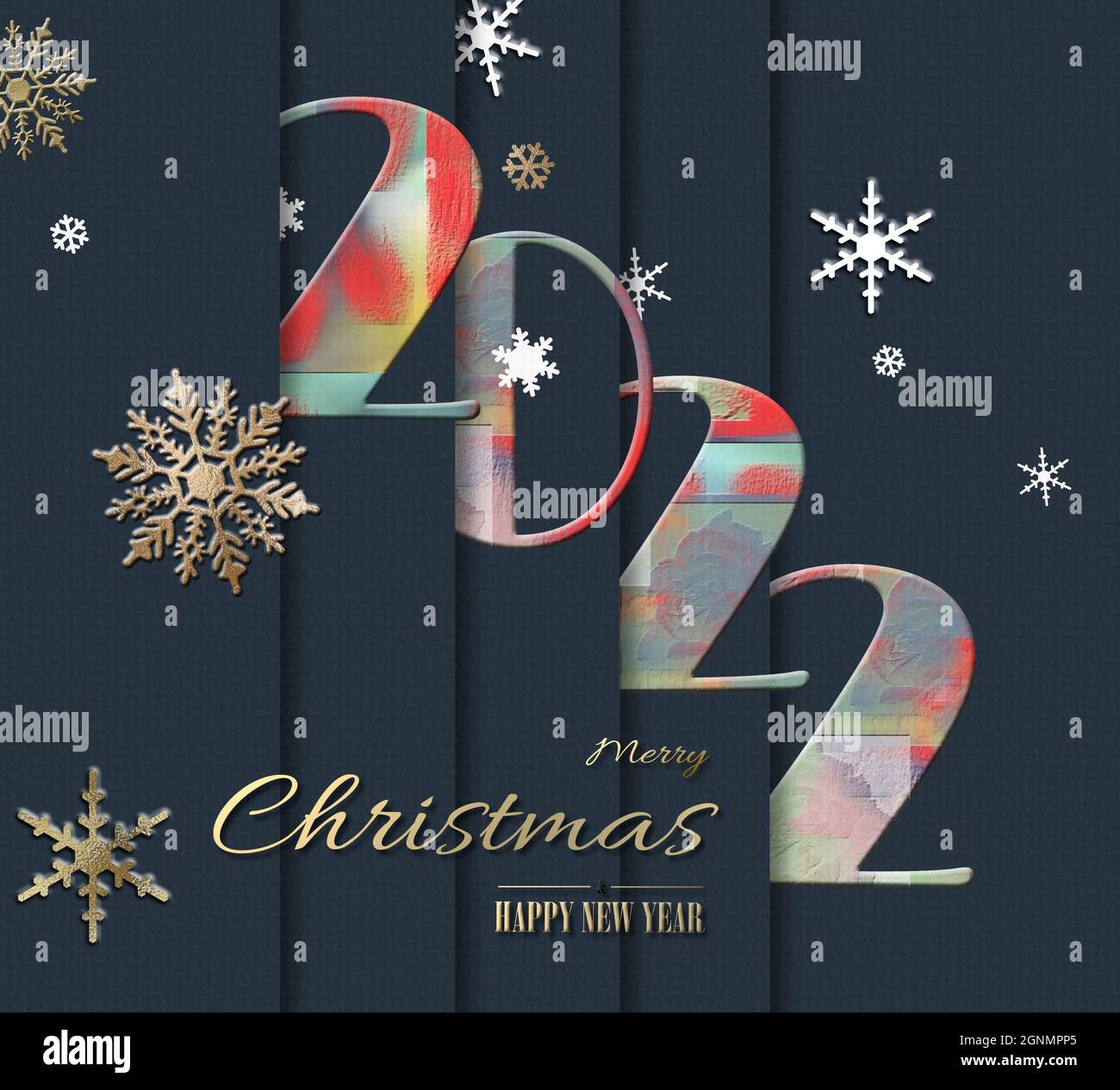 2022 New Year card design. Digit 2022 over blue, gold snowflakes, gold text Merry Christmas