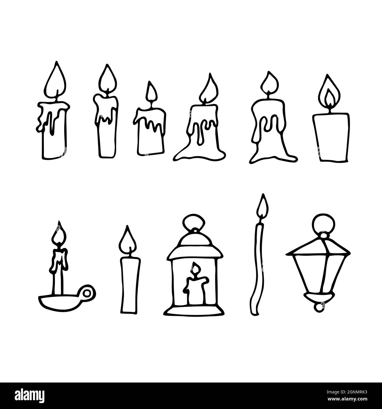 Doodle burning dripping wax candle set. Hand-drawn candlestick, lamp decor on white background. Holiday, Valentines Day, Birthday, Christmas, church, Stock Vector