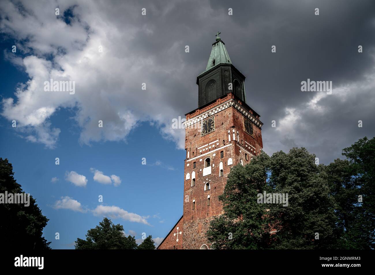 The beautiful architectural details of Turku Cathedral in Turku, Finland against a gloomy sky Stock Photo