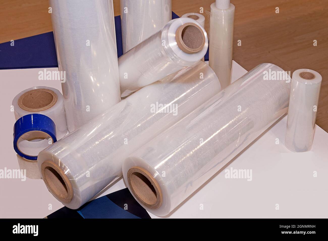 Pile of stretch shrink wrap rolls of heavy duty packaging cling films