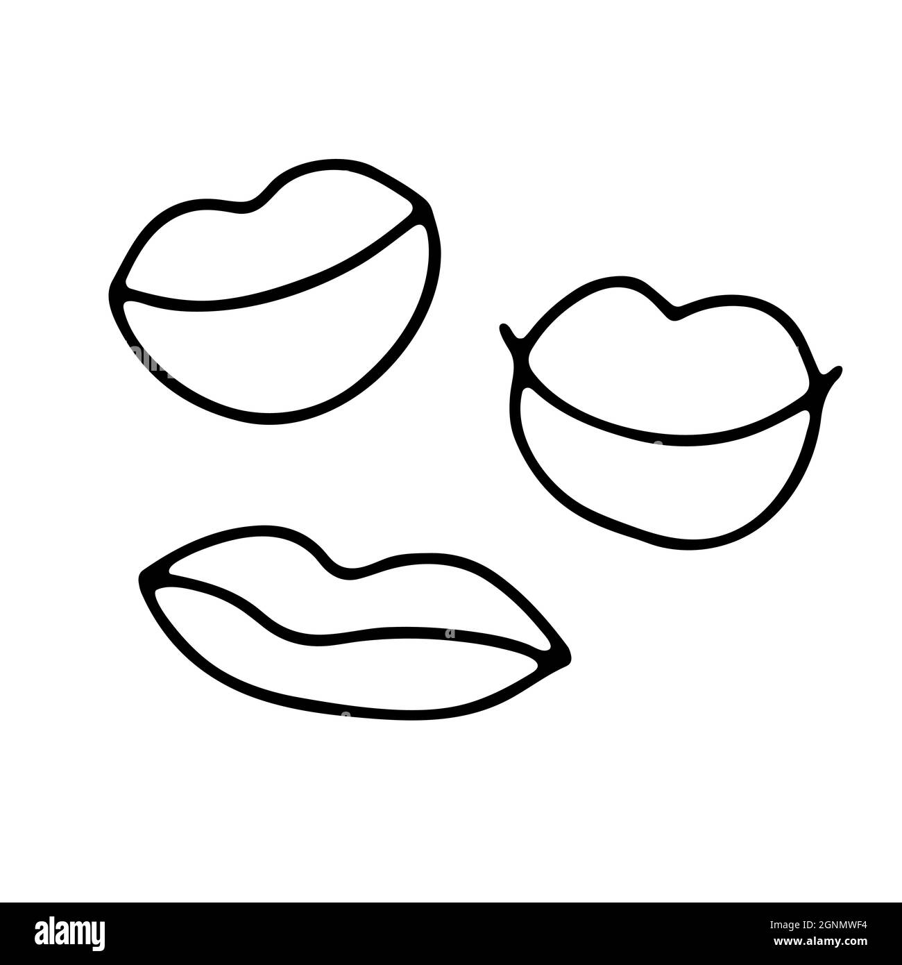 Hand-drawn black outline lips set. Mouth isolated on white background. Loving smile in the shape of a heart. Symbol of love, romance, Valentines Day, Stock Vector
